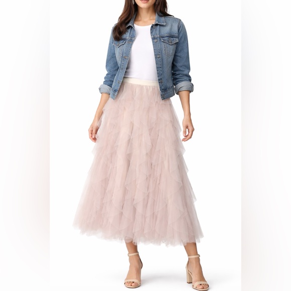 Dresses & Skirts - Blush Pink Tiered Tulle Midi Skirt | Romantic Flowy Ruffle Skirt | Elastic Waist